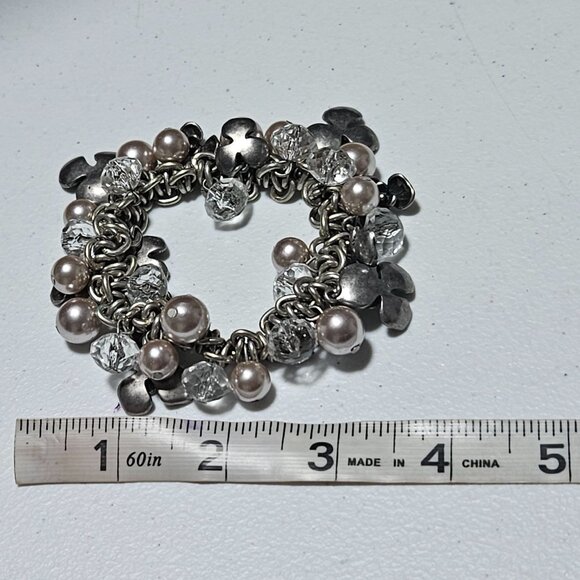 Elegant Silver Tone Beaded Flowers Chunky Cluster Chain Stretch Bracelet Jewelry - Picture 4 of 4